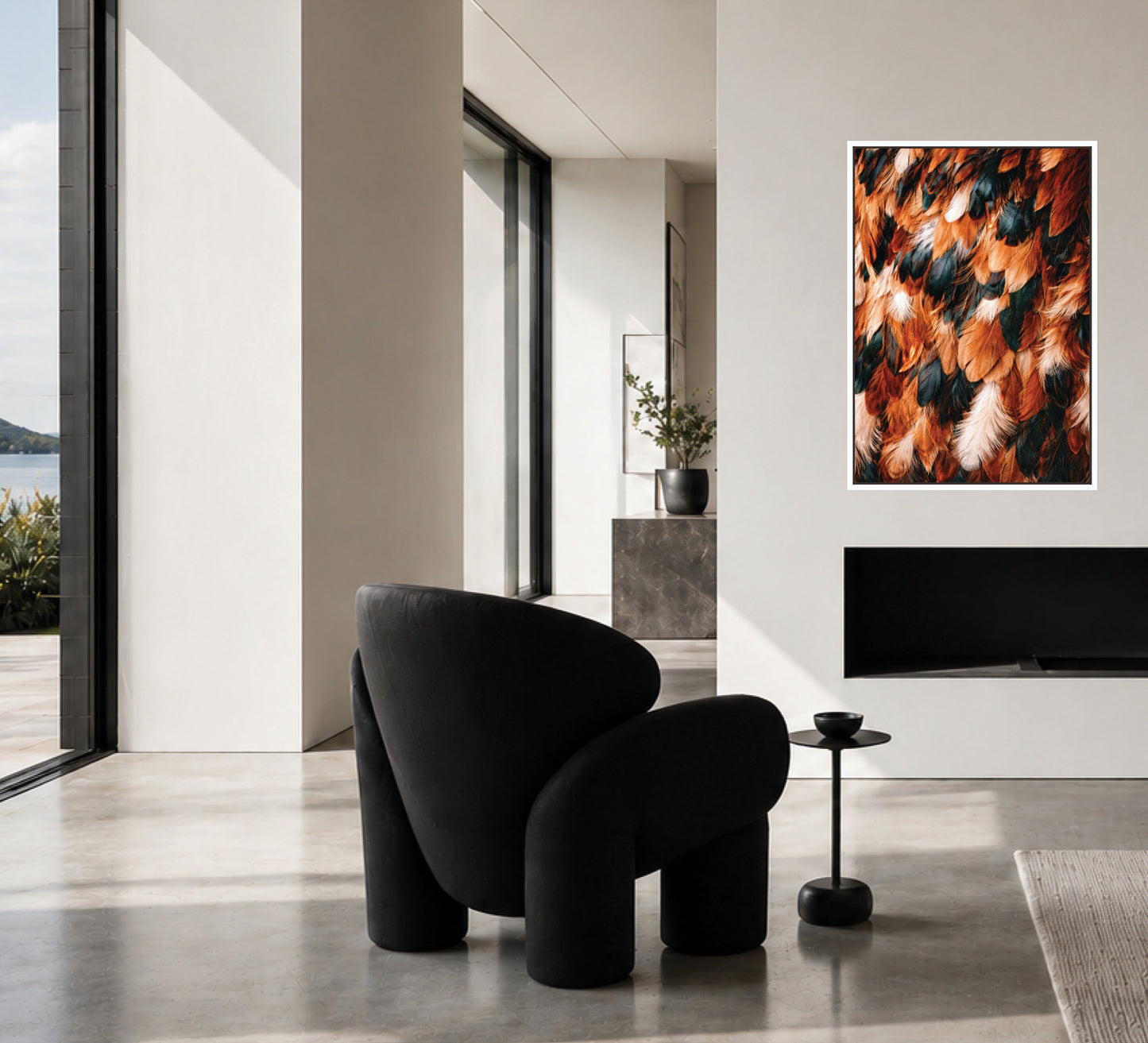 Feather-style canvas artwork with dark frame, mounted on a wall above a console