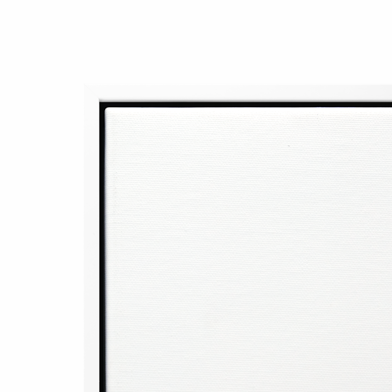 Floating frame canvas print with white border, close-up of blank textured canvas surface