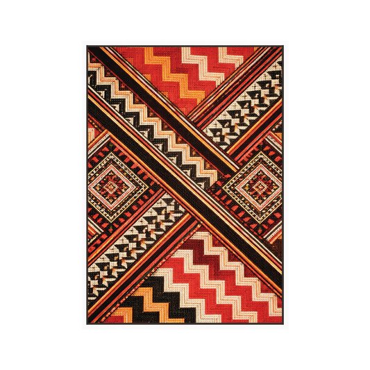 Framed geometric canvas print with cross zigzag pattern in red, black, and cream