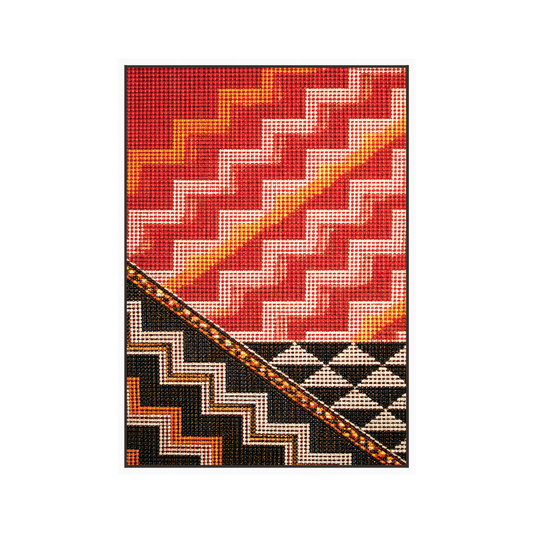Framed geometric canvas wall art with red, orange zigzags and checkered border