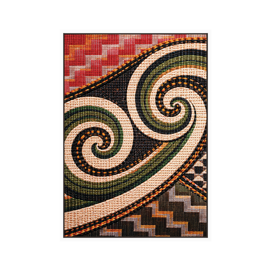 Framed canvas wall art with swirling spiral tides pattern in red, cream, and dark green