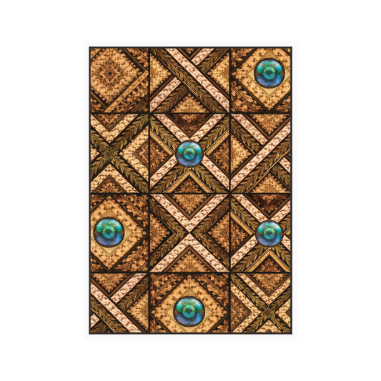 Floating-frame geometric canvas close-up, brown-gold triangles with teal eye-like circles
