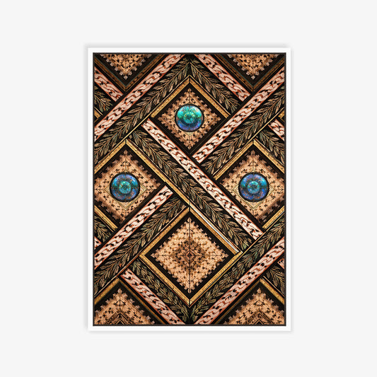 Geometric framed canvas with diamond pattern and teal orb accents